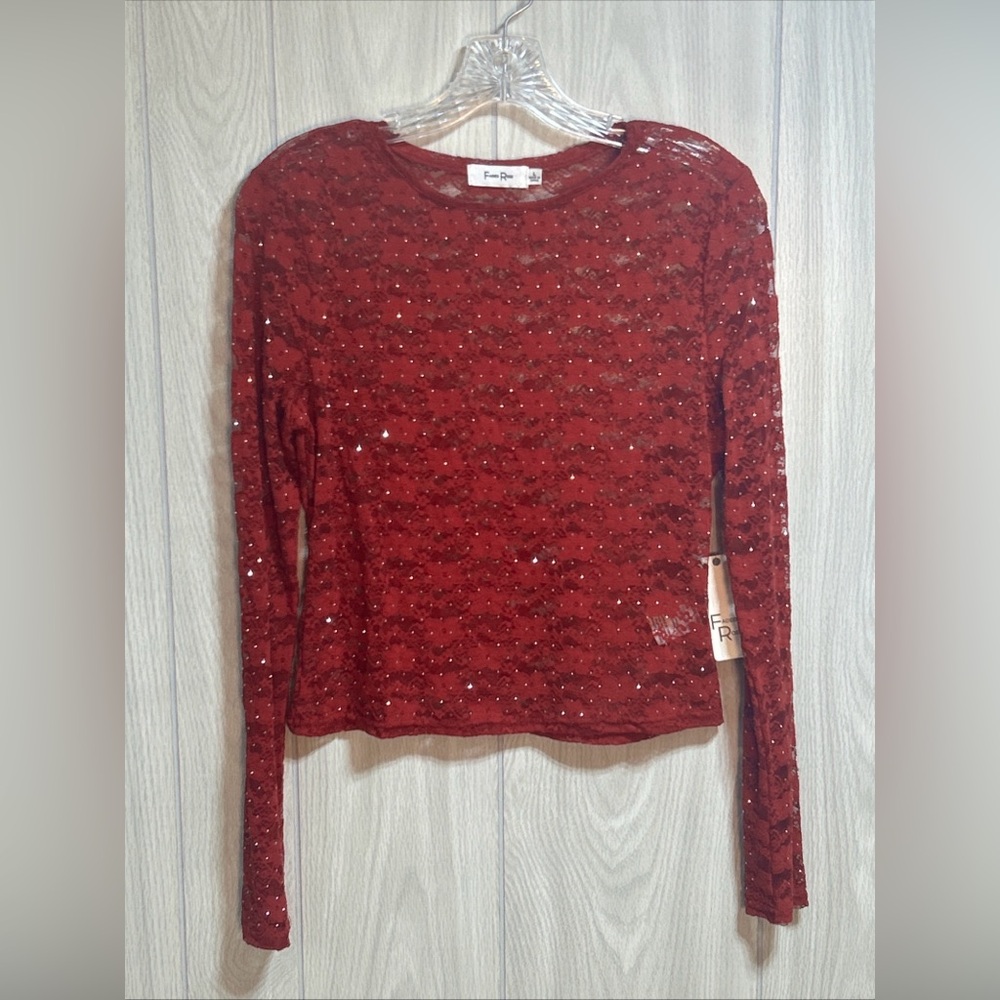 Faded Rose Lace Sheer Long Sleeve Top Size Large Juniors NWT